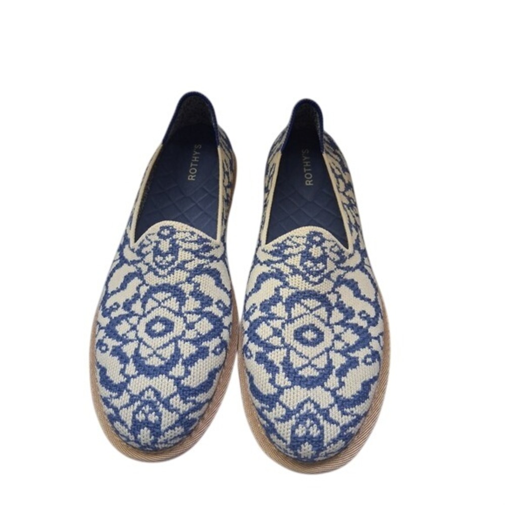 Rothy's The Loafer Blue White Floral Damask Knit Slip On Flats Size 9.5